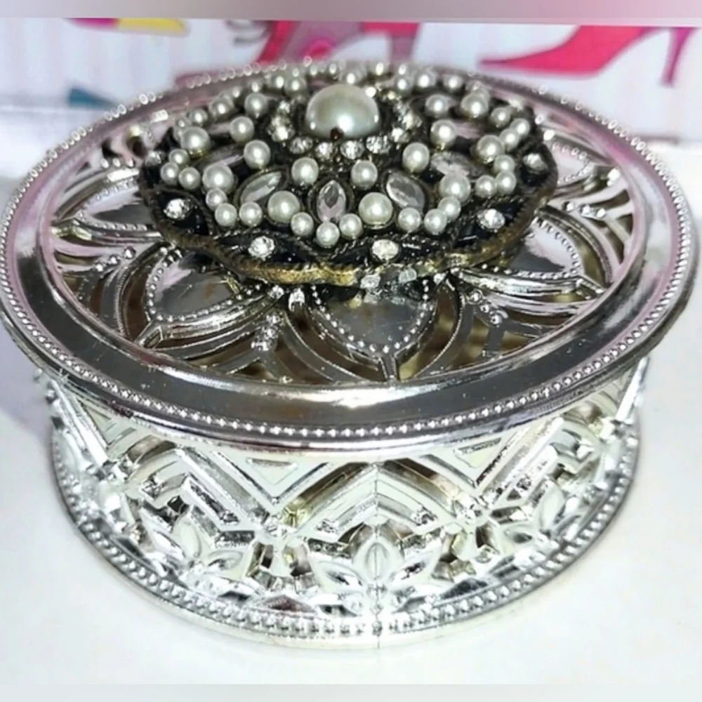 Silver Fancy Round Jeweled Container w/ Embellished Lid